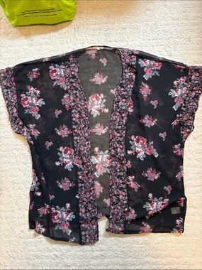 Maurices Black Sheer Floral Kimono with Pink Accents